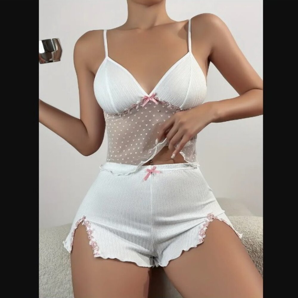 Chic Swiss Dot Womens Pajama Set - Flirty Backless Cami & Shorts Sz M (US 6)